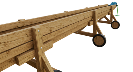 FARMING - Wooden conveyor belt with wheels isolated on white background, industrial equipment for material handling and transport