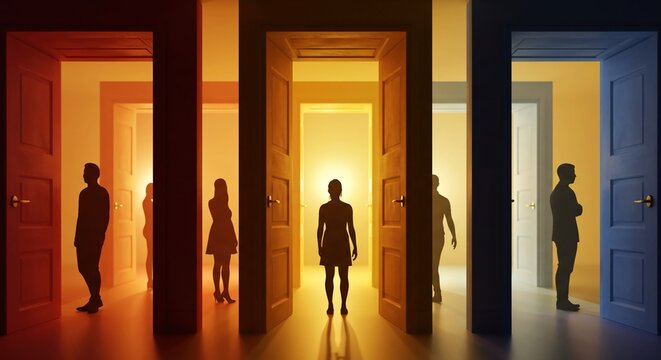 Silhouetted figures stand at the threshold of multiple open doorways, bathed in warm golden light, symbolizing choice, opportunity, and the unknown future ahead.