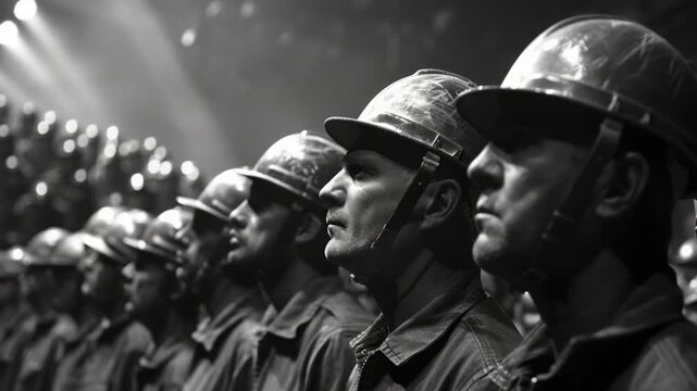 A monochrome image showing a row of soldiers in uniform, ready for deployment