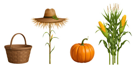 FARMING - Autumn harvest composition with woven basket, scarecrow, pumpkin, and corn stalk on white background, perfect for fall and Thanksgiving themes