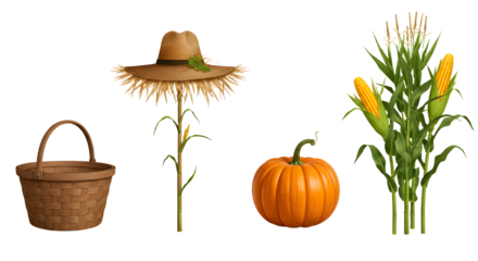 FARMING - Autumn harvest composition with woven basket, scarecrow, pumpkin, and corn stalk on white background, perfect for fall and Thanksgiving themes