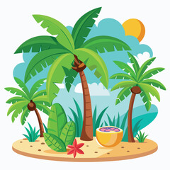 Palm tree. Cartoon tropical coconut palm and banana trees with green leaf and trunks, beach plants. Summer, exotic island, jungle nature vibe for travel, vacation, eco design. Isolated vector set