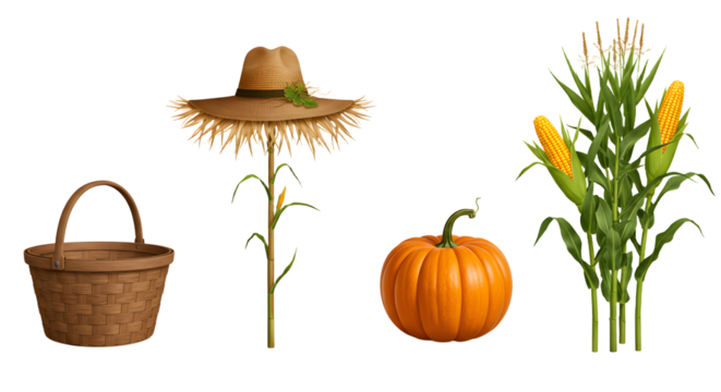 FARMING - Autumn harvest composition with woven basket, scarecrow, pumpkin, and corn stalk on white background, perfect for fall and Thanksgiving themes