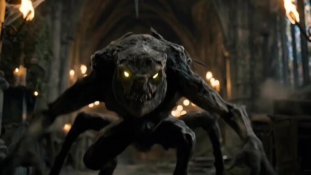 A horrific monster crawls from the shadows of a ruined crypt, its limbs stretching unnaturally and jaws wide open. Generative AI