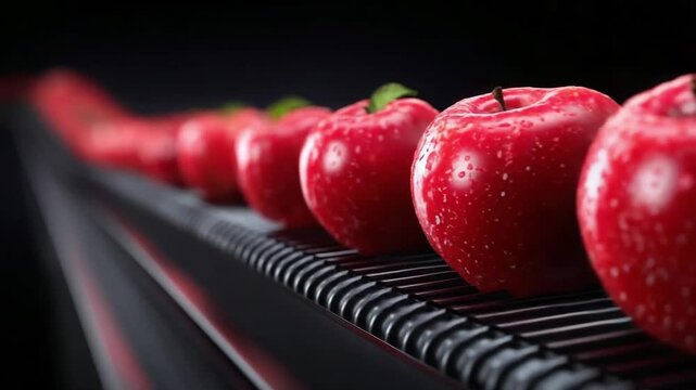 Rows of shiny red apples on a conveyor belt in a fruit processing line.