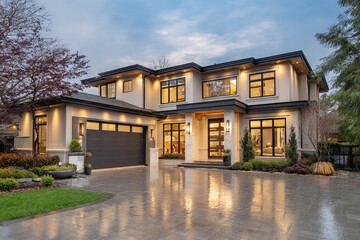 Fototapeta premium Modern luxury home exterior illuminated at dusk showcasing a wet paved driveway landscaping and large windows