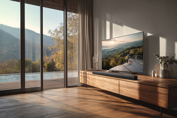 Fototapeta premium Modern living room with large screen TV showing scenic landscape and soundbar on wooden entertainment center near sliding glass doors overlooking mountains and infinity pool