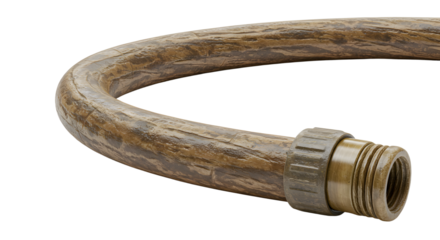 FARMING - Close-up of a flexible garden hose with metal connector on white background, ideal for irrigation and watering tasks