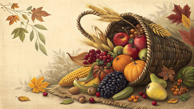 Cornucopia overflowing with fruits and autumn leaves on background   - Powered by Adobe