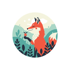 A charming fox in a lush green forest holding a small red berry.