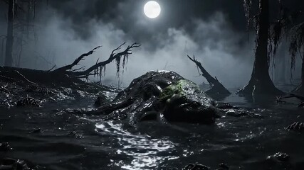 A slimy monster emerges from the swamp, its tentacles covered with moss and algae. The grotesque creature spreads fear in the wetlands. Generative AI - Powered by Adobe