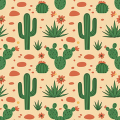 A repeating pattern showcasing various green cacti, succulents, and orange flowers against a beige background.