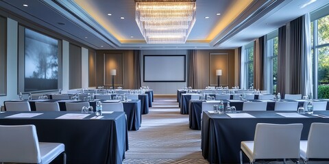 Elegant conference room set up for a meeting with tables, chairs, and projector screen