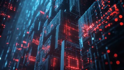 Futuristic server room processing data with red and blue lights - Powered by Adobe