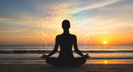 Silhouette of woman meditating at sunset with mandala over ocean beach