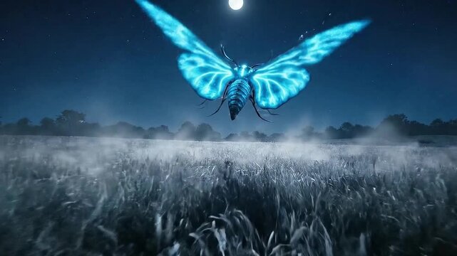 A massive night moth with glowing blue wings flies above tall grass in the dark. Its wings shimmer brightly in silence. Generative AI