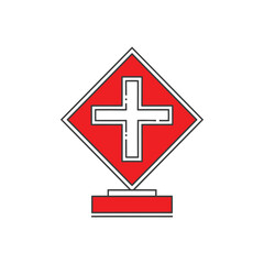 Medical First Aid Symbol with White Cross on Red Diamond.