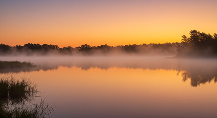 Fototapeta premium Serene misty lake at dawn with golden sky and peaceful reflections creating tranquil natural beauty