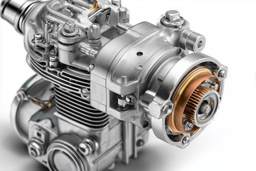 Classic motorcycle carburetor, retro design, dull metal, intricate technical details on a white background