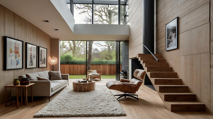 The layout features an open-plan area with a prominent wooden staircase with metal railings ascending to the upper level.