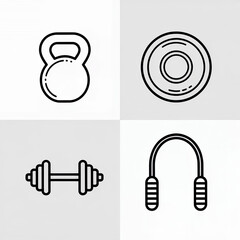 Simple line art illustrations of fitness equipment, including a kettlebell, weight plate, dumbbell, and jump rope.