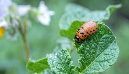 Close-up of a Colorado potato beetle on a potato leaf