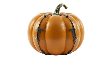 FARMING - Orange pumpkin decorated with black leather straps and buckles, perfect for Halloween and autumn decoration
