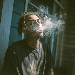 young black man with face tattoos smoking a marijuana weed spliff and exhaling thick smoke in sunlight on porch