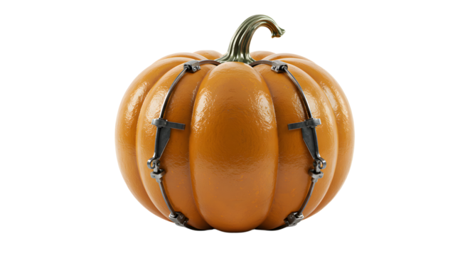 FARMING - Orange pumpkin decorated with black leather straps and buckles, perfect for Halloween and autumn decoration