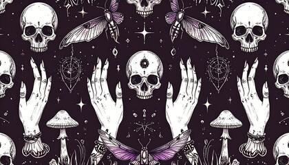 Mystical Skulls, Hands, and Moths Pattern