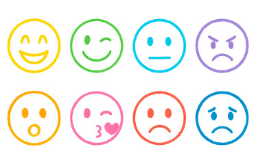 Hand drawn colorful emoji smiley face set. Fun marker doodle expression, sketch style emoticon