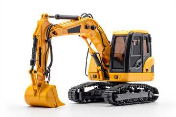 Yellow excavator model on white background detailed view of construction machinery