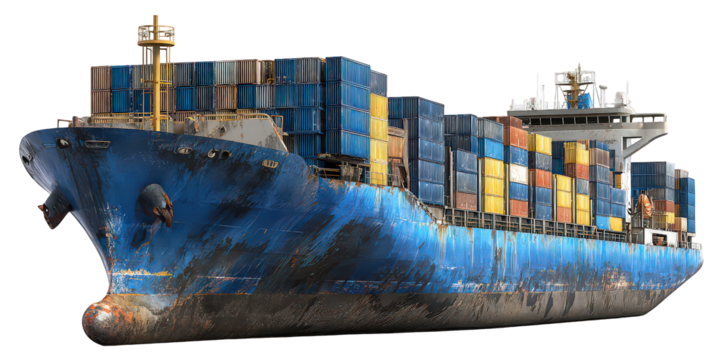 Cargo Ship at Sea, Blue and Black, Nighttime