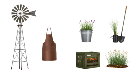 FARMING - Rustic garden tools and greenery collection with windmill, apron, potted plants, shovel, and wooden crate, perfect for gardening and outdoor decor