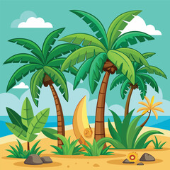 Obraz premium Palm tree. Cartoon tropical coconut palm and banana trees with green leaf and trunks, beach plants. Summer, exotic island, jungle nature vibe for travel, vacation, eco design. Isolated vector set