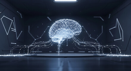 Illuminated brain model with connections on a platform in a futuristic dark room setting ai generated