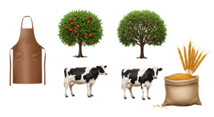 FARMING - Farm elements icons with cow, apple tree, wheat sack, and apron illustrations, perfect for agricultural and farming concept designs