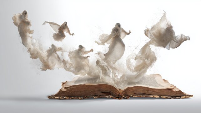 Open book with figures emerging from pages isolated on a white background