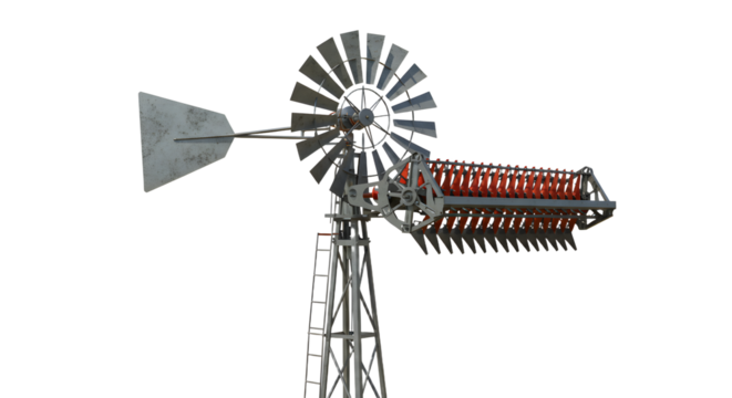 FARMING - Rustic vintage metal windmill isolated on white background with rotating tail fan for ventilation and water pumping