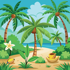 Obraz premium Palm tree. Cartoon tropical coconut palm and banana trees with green leaf and trunks, beach plants. Summer, exotic island, jungle nature vibe for travel, vacation, eco design. Isolated vector set