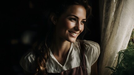 Fototapeta premium A woman smiles contentedly while looking out a window bathed in soft natural light with a plant nearby