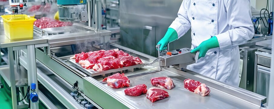 A chef in a food processing facility prepares cuts of meat on a stainless steel table, showcasing a modern kitchen environment.