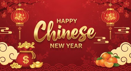 Happy chinese new year greeting with lanterns, money bag and oranges