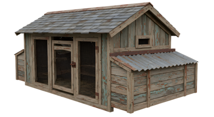 FARMING - Rustic wooden chicken coop with wire mesh and corrugated metal roof, perfect for backyard poultry keeping and farming