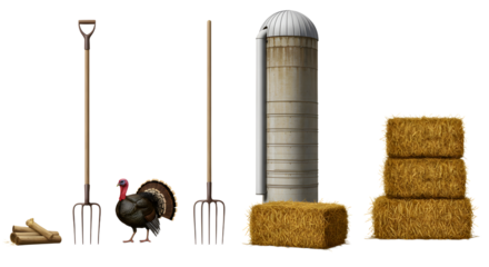 FARMING - Farm tools with hay bales and a turkey with feeding trough isolated on white background perfect for agriculture and farming themes