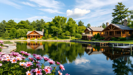 Obraz premium Elegant Lakefront Cottages with Wooden Architecture and Manicured Gardens Reflected in Calm Water – Serene Rural Landscape