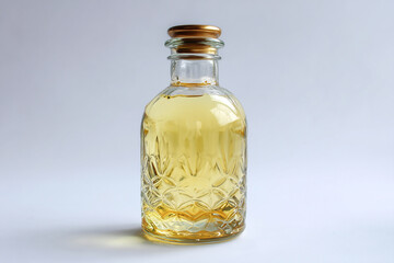traditional cooking oil packaging, clear glass bottle, clear yellowish liquid on white background