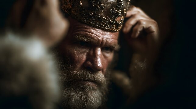 Close up portrait of an aged bearded king wearing a golden crown touching it with a solemn and contemplative expression illuminated by warm light