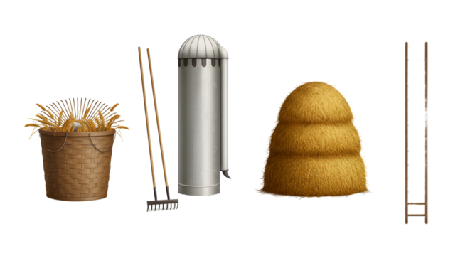 FARMING - Rustic farm gardening tools with basket, rake, compost bin, haystack, and wooden ladder isolated on white background, perfect for agriculture or farming themes