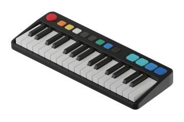 A small portable electronic keyboard with colorful buttons isolated on transparent background